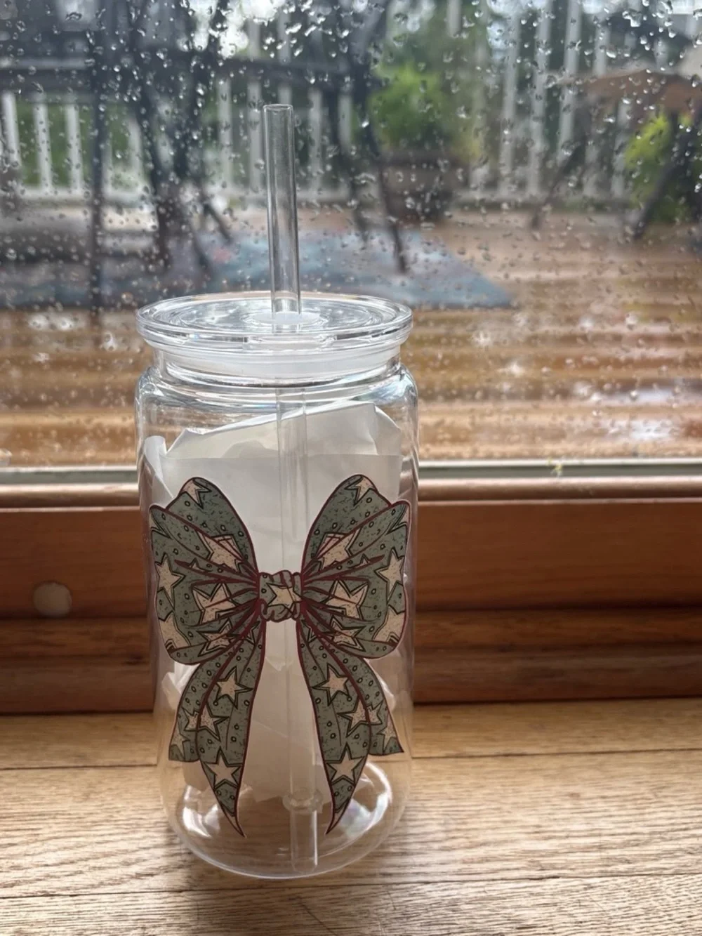 Clear Acrylic Tumbler with Decorative Mint Bow and Straw